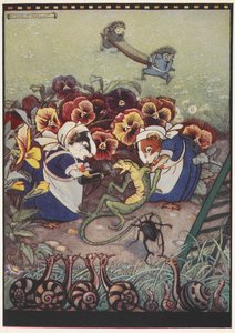 Ilustrace dvou morčat oblečených v oblečcích služebných, která se starají o ještěrku, zatímco dva ježci v pozadí nesou nosítka, aby jí pomohli. od Gwynedd M. Hudson