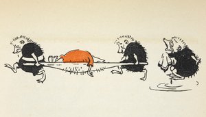 Ilustrace dvou ježků nesoucích zraněného hráče kroketu, za nimiž jde další plačící ježek. od Gwynedd M. Hudson