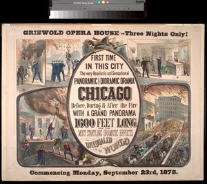 Reklama na panoramatické a dioramatické drama o požáru v Chicagu v roce 1871 v Griswold Opera House, 1878