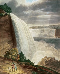 Niagarské vodopády, část American Fall from the Foot of the Stair Case, vyryl J. Hill, hospoda. od H.L.Megarcy (barevné rytí)