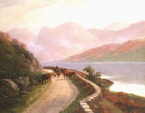 Drover s krávami u jezera Buttermere, večer od H.R. Hall