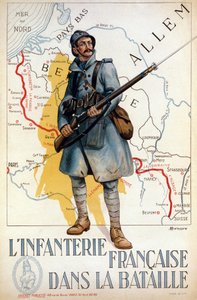Francouzská pěchota v bitvě (červená čára představuje Hindenburgovu linii) - nemoc. od H. Delaspre