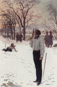 Henri, stojící na místě a zakrývající si obličej pistolí, čekal (barva litho)