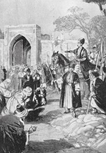 Bokhara otevírá bránu mongolskému chánu Ogodajovi, 1231 n. l. (litografie)