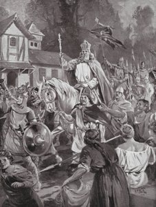 Karel Veliký se vrací do Bruselu, svého zemského sídla (litografie)