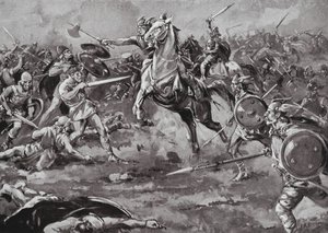 Pomoc Franků při porážce Hunů (litografie)