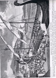 Carausius se zmocnil flotily v Boulogne, ilustrace z „Hutchinsonovy historie národů“, kolem roku 1910 od H. M. Burton