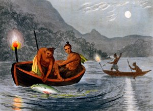 Domorodí Američané lovící za svitu pochodní v Severní Americe, 1813