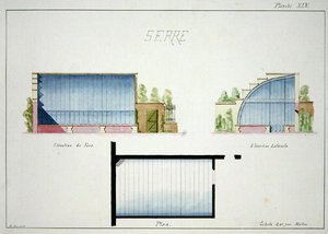 Návrh skleníku se zakřivenými skleněnými stěnami a střechou, z folia originálních kreseb v klasickém stylu a stylu rané Belle-Epoque, kolem roku 1870 (pero a inkoust na papíře)
