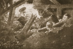 Podporučík C.F.H. Calvert vykopává a zachraňuje dva muže z minové galerie, která spadla do moře. od H. Ripperger