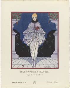 Gazette du Bon Ton, 1914 - č. 5, Pl. 45: Jmenuje se Manon (...) / Evening Cape by Doucet (název na objektu) od H. Robert Dammy
