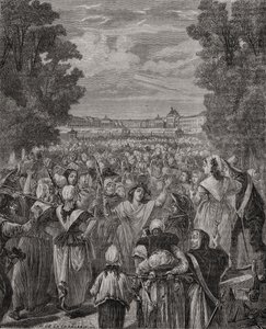 Pochod žen na Versailles, 5.-6. října 1789, vyrytý Pannemaker-Ligny, z „Histoire de la Revolution Francaise“ od Louise Blanca (1811-82)