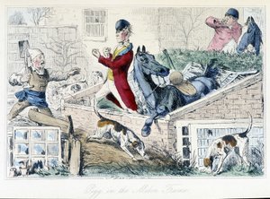 Boj mezi farmářem a lovcem. Anglická karikatura na honu na lišku z „dobrodružství Thomase Scotta nebo Hawbucka Grange“, ilustrace H.K. Browne a W. T. Maud. od Hablot Knight Browne