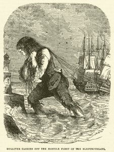 Gulliver unáší nepřátelskou flotilu Blefuscudiánů (rytina) od after Hablot Knight Browne