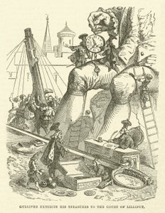 Gulliver vystavuje své poklady na dvoře Lilliput (rytina) od after Hablot Knight Browne