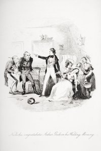 Nicholas blahopřeje Arthuru Grideovi k jeho svatebnímu ránu, ilustrace z „Nicholas Nickleby“ od Charlese Dickense (1812-70) publikovaná v roce 1839 (viz také 259152) od Hablot Knight Browne