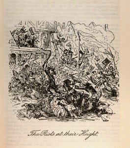 „Nepokoje na vrcholu“ z filmu „Barnaby Rudge“ od Charlese Dickense (1812-70) od Hablot Knight Browne