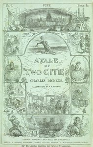 Titulní strana z první části prvního vydání v seriálových částech knihy „Příběh dvou měst“ od Charlese Dickense, 1859 od Hablot Knight Browne