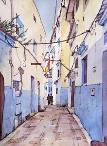 Tichá procházka, Chefchaouen, Maroko, kolem roku 2024 (akvarel a tuš)