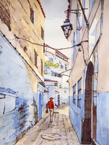 Návštěvník, Chefchaouen, Maroko, asi 2024 (akvarel a tuš)