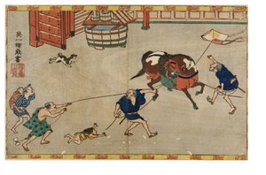 Kůň vyplašený drakem, kolem 1830-1839 (dřevořez na papíře) od Hanabusa Itcho