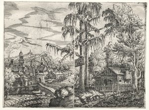Krajina s městem na řece a chatou mezi stromy, 1551.