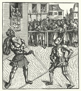 Arcivévoda Maxmilián Rakouský bojující pěšky pomocí kopí (rytina) od Hans (after) Burgkmair