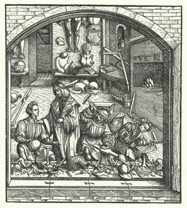 Arcivévoda Maxmilián Rakouský na návštěvě u zbrojíře (rytina) od Hans (after) Burgkmair
