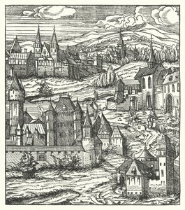 Wiener Neustadt, Rakousko, rodiště Maxmiliána I., císaře Svaté říše římské (rytina)