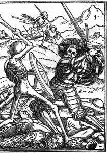 Falešná smrt Hanse Holbeina Mladého (1497-1543): vojáka. Voják bojuje se Smrtí; u jejich nohou leží těla ostatních válečníků. Rytina.