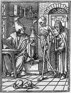 Simulakony smrti Hanse Holbeina mladšího (1497-1543): lékaře. Smrt přichází mezi lékaře a jeho pacienta. Rytina.