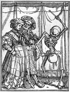 Simulacony smrti Hanse Holbeina mladšího (1497-1543): manželé. Smrt hraje na buben před párem. Rytina.