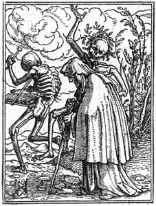 Simulacony smrti Hanse Holbeina mladšího (1497-1543): starý. Smrt doprovází starou dámu k jejímu osudu. Rytina.