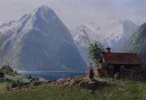 Dívka v krajině fjordu (olej na plátně)