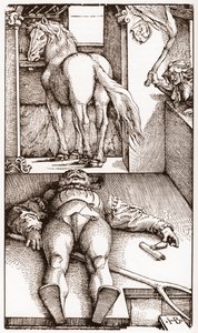 Očarovaný palefrenier - (Spící ženich a čarodějka) dřevorytina Hanse Baldunga Griena (1485-1544) kolem roku 1544 - od Hans Baldung Grien