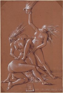 Novoroční pozdrav se třemi čarodějnicemi - kresba Hanse Baldunga (1484-1545) inkoust a bílá křída na papíře od Hans Baldung Grien