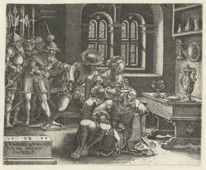 Delilah stříhá vlasy spícího Samsona (Samson), zatímco Pelištejci čekají