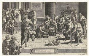 Christ wast de voeten van de discipelen Pán všech se klaní na kolena, aby umyl nohy svým služebníkům, příklad jedinečné pokory (titul na předmětu) od Hans Collaert (I) (attributed to)