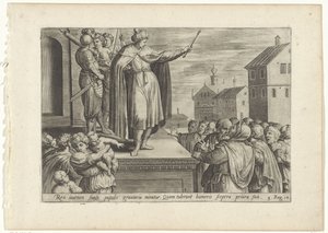 Rechabeam antwoordt het volk Geschiedenis van Jeroboam en Rechabeam (název série) Pokladnice posvátných dějin Starého zákona (...) (název série) od Hans Collaert (I) (attributed to)