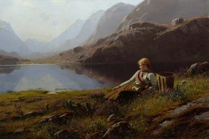 Girl Knitting by the Mountain Lake (oil on canvas)   1313136   cs       czech Successfully Translated  Original: Negen wilde dieren Dieren naar antieke muurschilderingen (series title) Speculum Romanae Magnificentiae (series title) Translat: Negen wilde di od Hans Dahl
