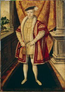 Portrét krále Edwarda VI. (1537-1553) Anglie a Irska (Portrét anglického krále Edwarda VI.). třetím vládcem dynastie Tudorů, byl prvním protestantským vládcem, který nastoupil na trůn. Obraz Hanse Ewortha (Ewouts) (cca