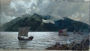 Vikingské lodě, Sognefjord (akvarel, pero, tužka a kvaš na papíře)
