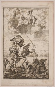 Neptun se řítí nad mořem. Titulní strana pro Fontenay, "Söe-Evolution"; Kodaň 1743 od Hans Henrich Christian Ulrich