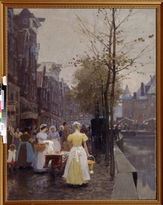 ""Říjnové ráno v ulicích Amsterdamu"" (Říjnové ráno v Amsterdamu) Sluhové mají v ulicích plné ruce práce. Obraz Hanse Hermanna (1813-1890) Regionální muzeum umění 19. století, Simferopol Ukrajina od Hans Hermann