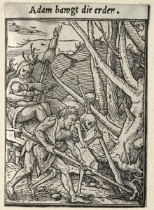 Tanec smrti: Adam obdělává půdu. od Hans Holbein