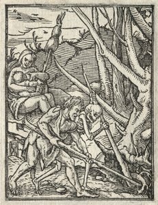 Tanec smrti: Vyhnání z ráje, Adam Cultivating the Ground. od Hans Holbein