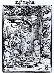 Smrt bere dítě, ze série "Tanec smrti", rytina Hanse Lutzelburgera, asi 1526-8 od Hans Holbein der Jüngere