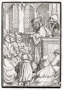 Smrt přichází pro kazatele, vyryl Georg Scharffenberg, z „Der Todten Tanz“, vydaného v Basileji, 1843 od Hans Holbein der Jüngere