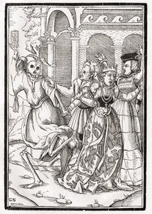 Smrt si přichází pro královnu, vyryl Georg Scharffenberg, z „Der Todten Tanz“, vydaného v Basileji, 1843 od Hans Holbein der Jüngere