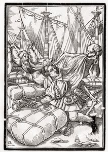 Smrt přichází k obchodníkovi, vyryl Georg Scharffenberg, z „Der Todten Tanz“, vydaného v Basileji, 1843 od Hans Holbein der Jüngere